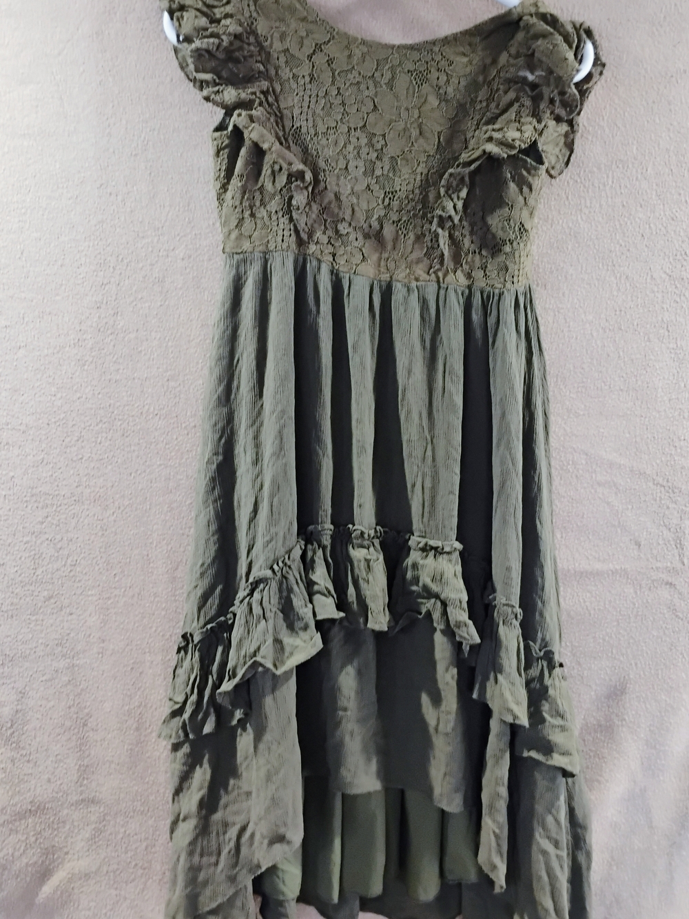 Olive Green Ruffled Lace High-Low Dress